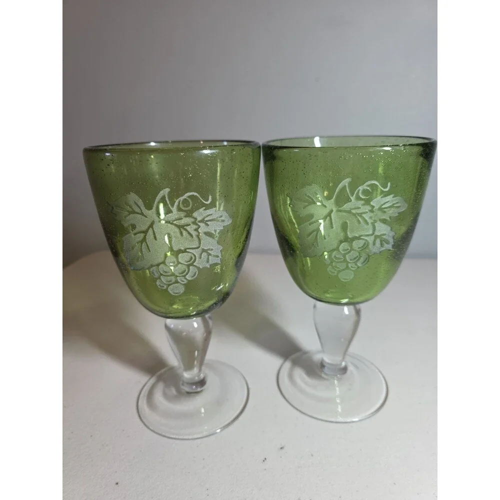 Block Basics Hand Made in Japan 2 Green Wine Glasses with Etched Grape Design
